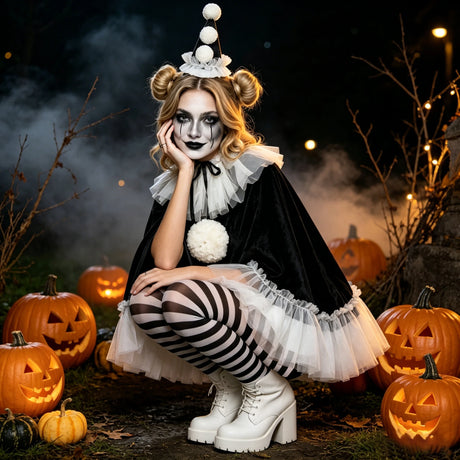 Women Pierrot Clown Costume 3Pcs Halloween Clown Cosplay Set
