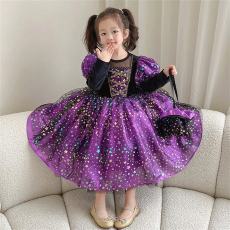 Purple Witch Girls Halloween Costume Star Tulle Party Dresses with Props