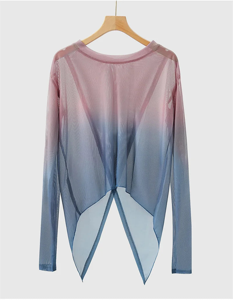 Gradient Gauze Top Dance Practice Top Thumb Finger Hole Long Sleeve Dancewear