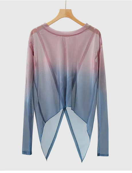 Gradient Gauze Top Dance Practice Top Thumb Finger Hole Long Sleeve Dancewear
