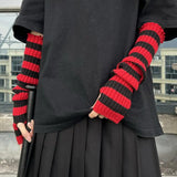 Stretch Knit Red-black Striped Goblincore Arm Warmers with Thumbhole
