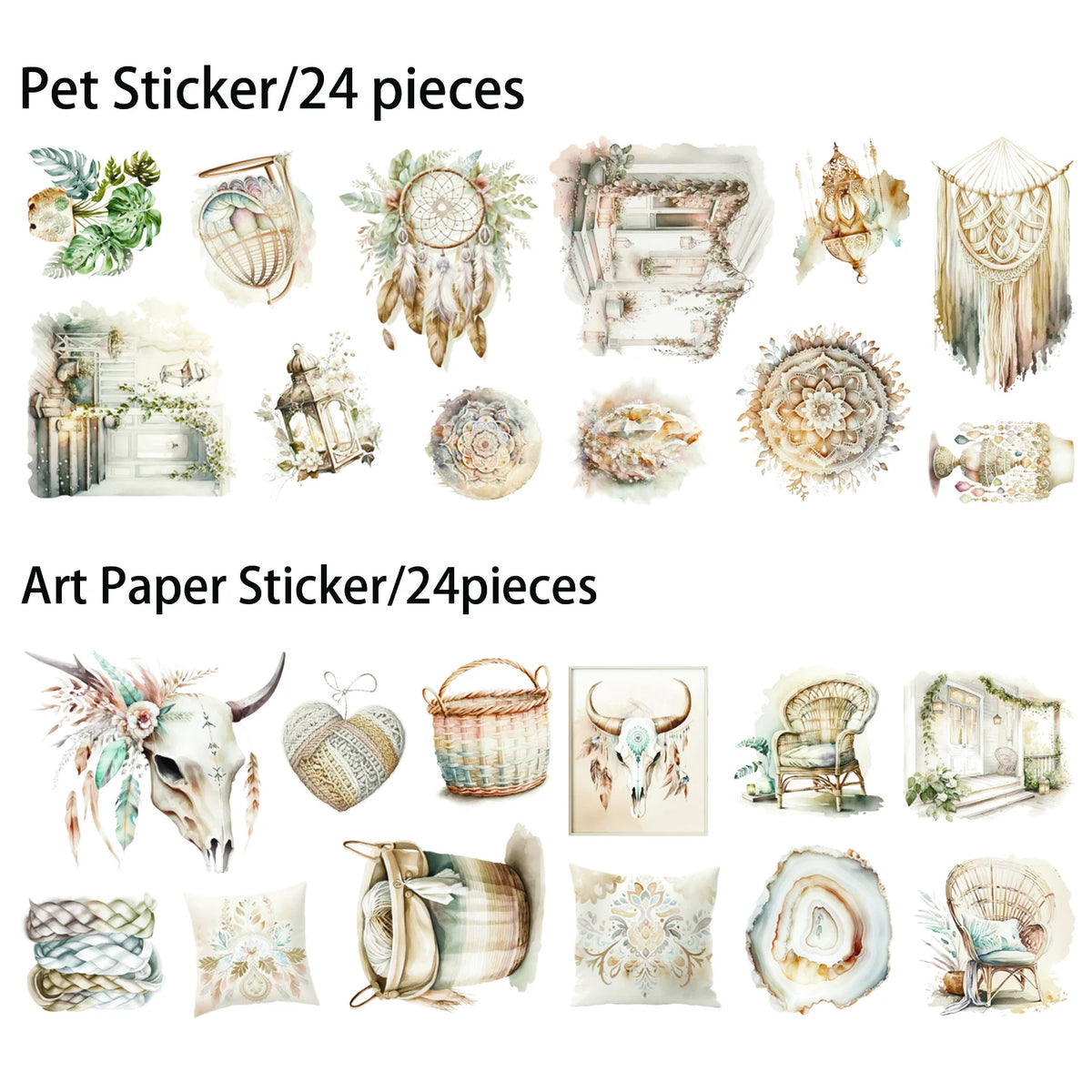 48 pieces PET and Art Paper Waterproof Transparent Boho Stickers for DIY Crafts,Scrapbooking Junk Journals