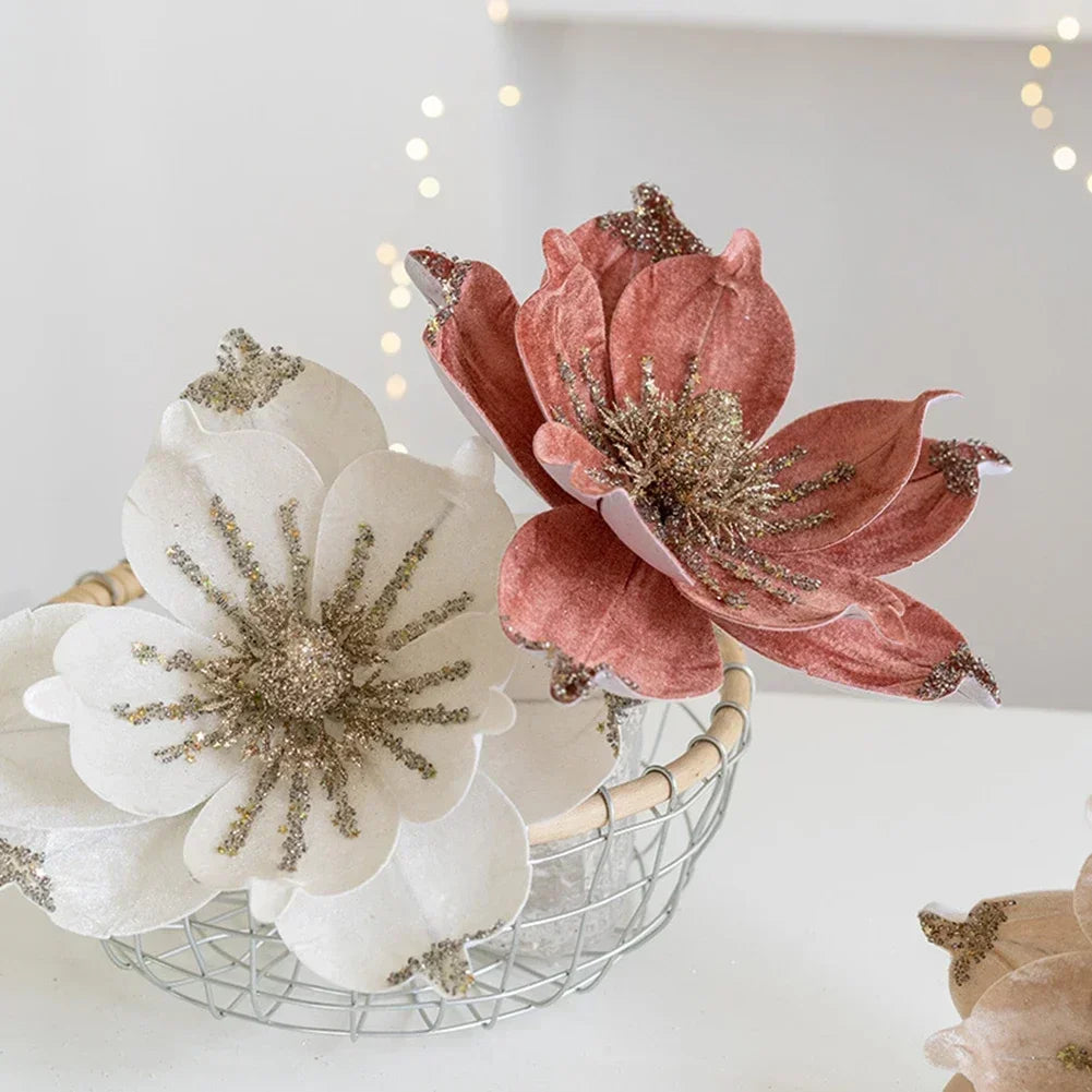 24cm Large Glitter Christmas Flowers Artificial Magnolia Flower Ornament Floral Xmas Tree Decorations