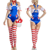 Women Mushroom Costumes Romper Jumpsuit Striped Leg Warmers Hat and Choker Halloween Cosplay Outfit