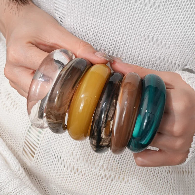 Smooth Round Acrylic Cuff Bangles Vintage Style Jelly Coloyr Smudging Wide Resin Bracelets