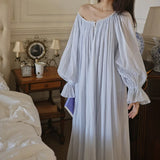 Victorian Pale Blue Vintage Long Nightgown 100% Cotton Full Sleeves Nightdress