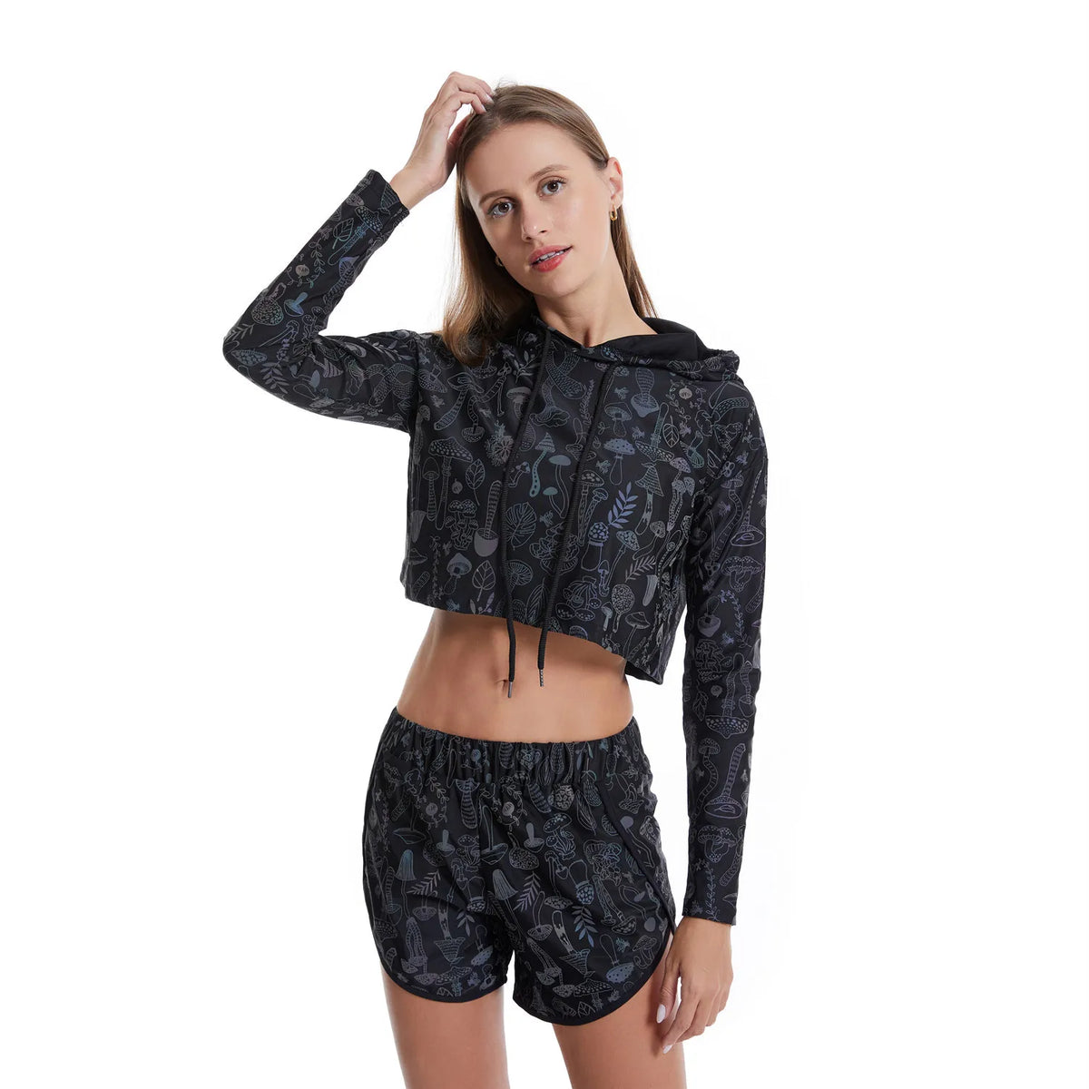 Reflective Mushroom Print Shorts Cropped Hoodie