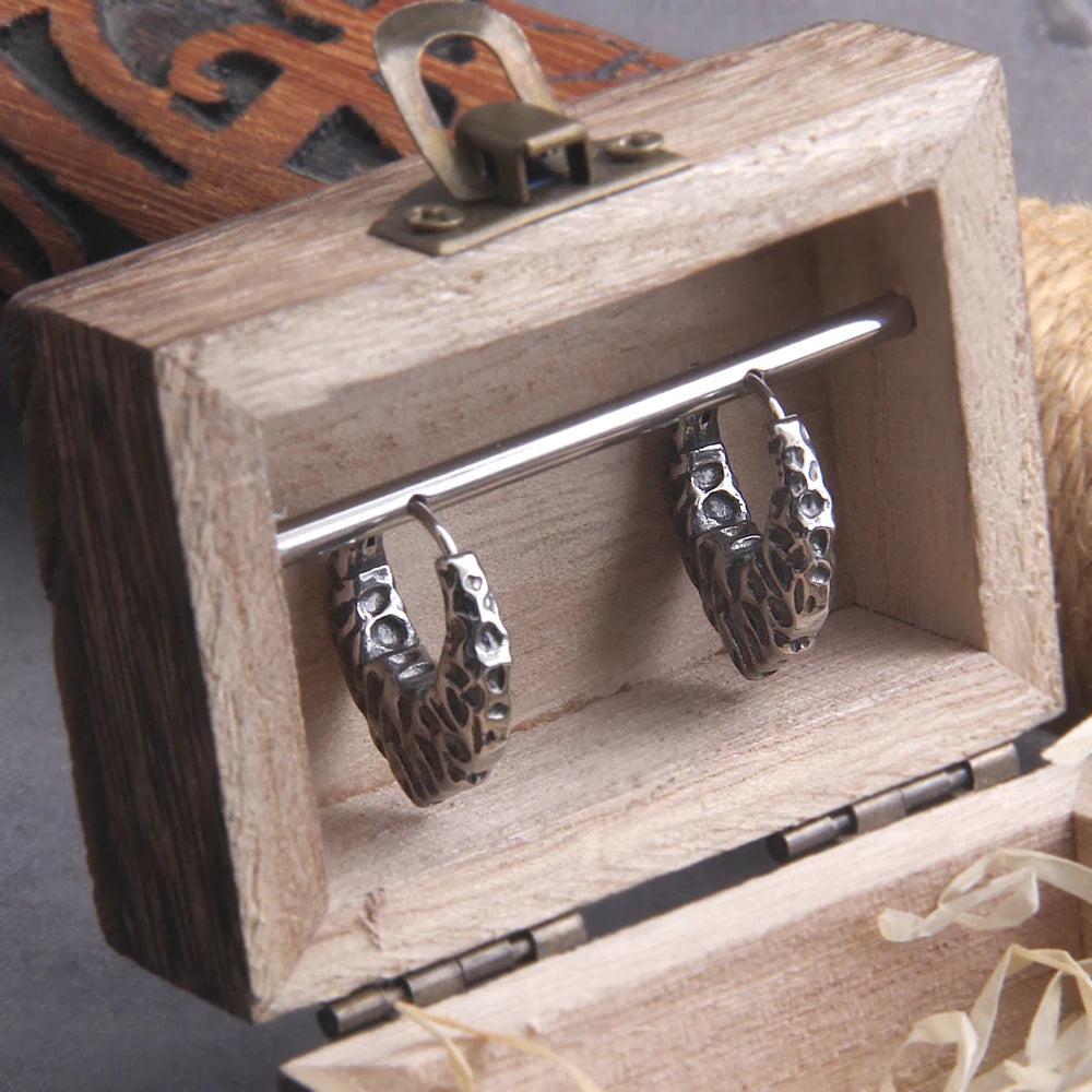 Viking V Stainless Steel Huggie Hoop Earrings for Men with Wooden Box