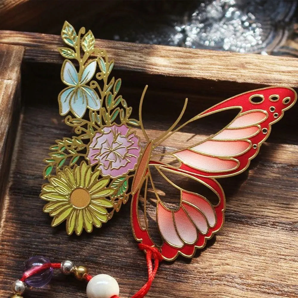 Butterfly Flowers Metal Tassel Bookmarks