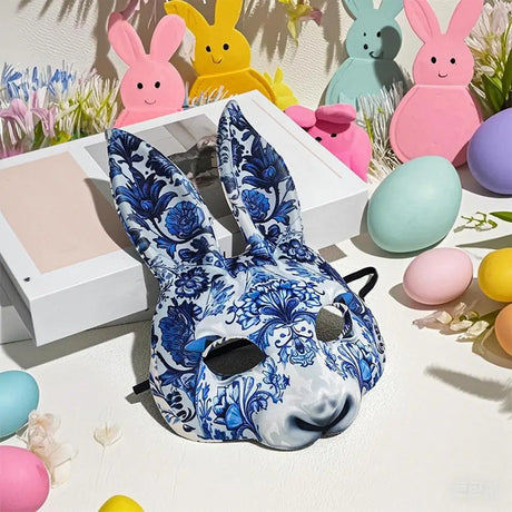 Blue Floral Porcelain Rabbit Masquerade Mask Costume Easter Decor