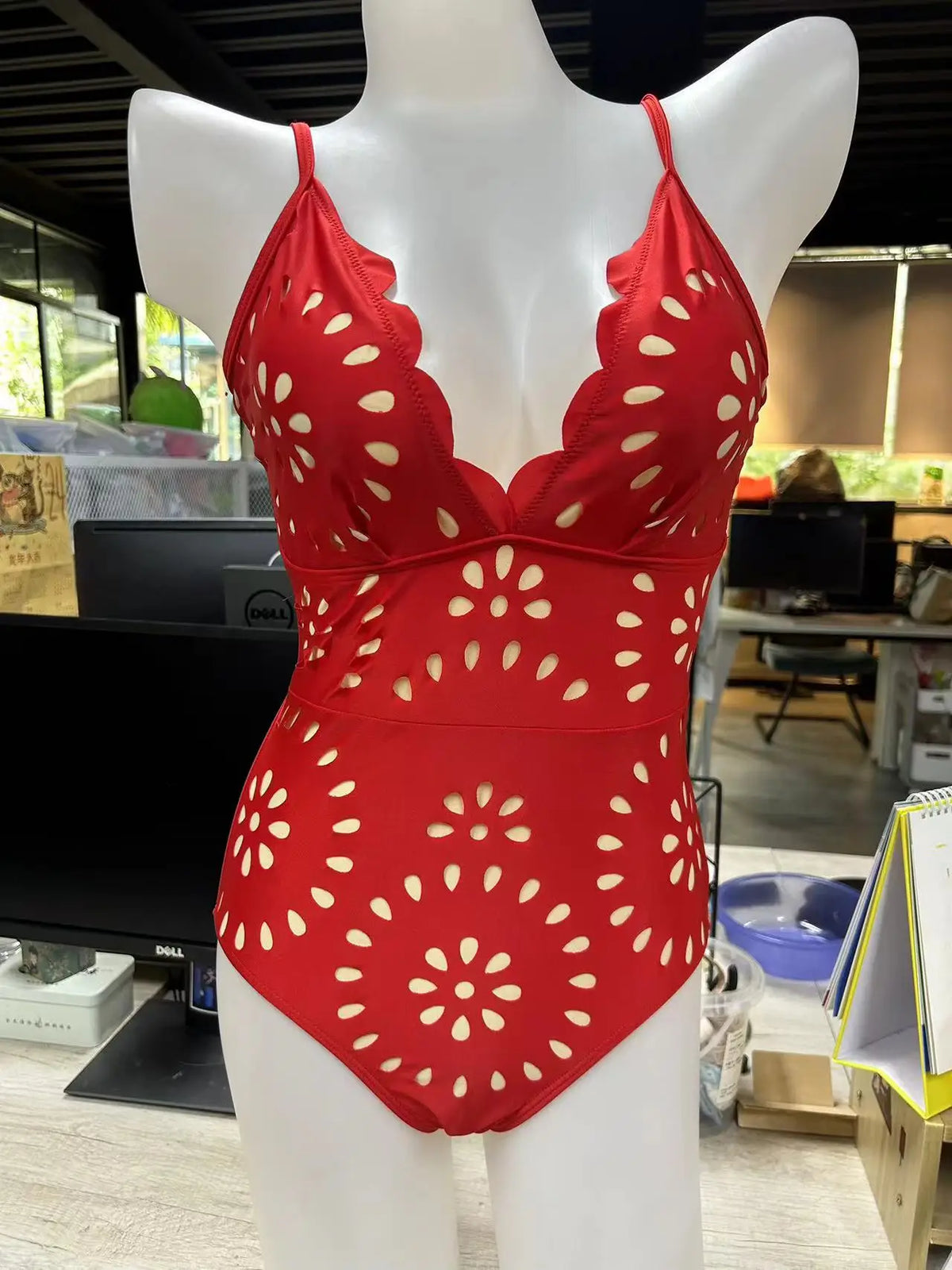 Red Flower Hollow Lace Swimsuit Skirt Resort Wear