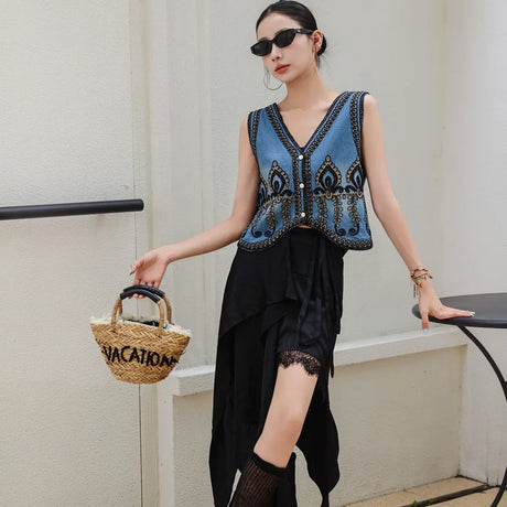 Mardi's Boho Denim Floral Embroidery Vest Top