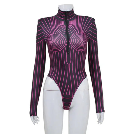 Neon Techy Bodysuit Night Club Festival High Neck Printed Long Sleeve