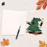 Christmas Card Mischievous Black Cat Climbing Xmas Tree