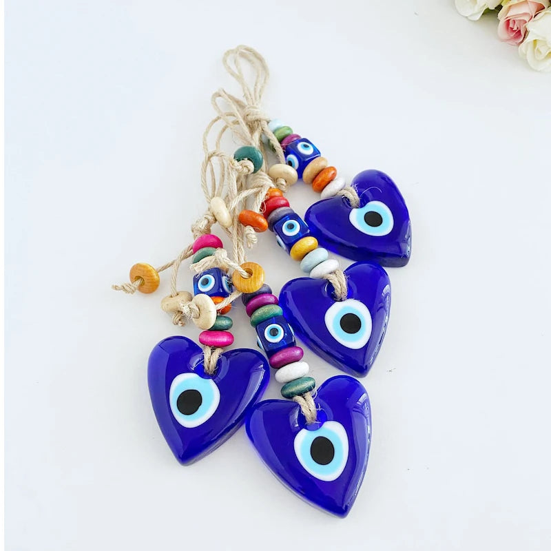 Protection Charm Turkish Evil Eye Hamsa Glass Heart Shape Wall Hanging Keychain