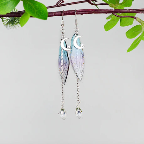 Crescent Moon Fairy Wings Crystal Quartz Dangle Earrings