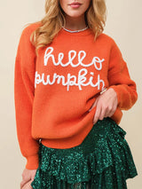 Hello Pumpkin Halloween Sweater Letter Embroidery Knit Fall Winter Pullover