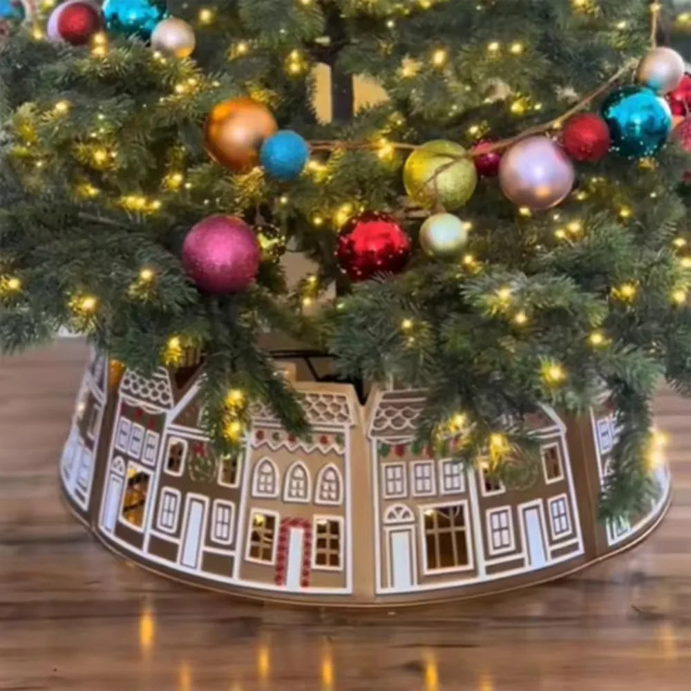 Gingerbread Houses Christmas Tree Collar with LED Lights Xmas Tree Skirt PVC Reusable Xmas Tree Base Cover