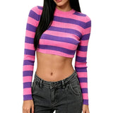 Cheshire Cat Purple and Pink Striped Cropped Sweater Rib-Knit Long Sleeve T-Shirt