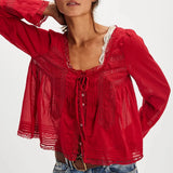 Y2K Boho Long Sleeve Lace Patchwork Button-down Tops 100% Cotton