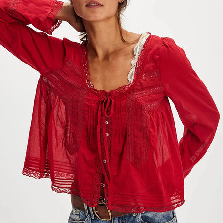 Y2K Boho Long Sleeve Lace Patchwork Button-down Tops 100% Cotton