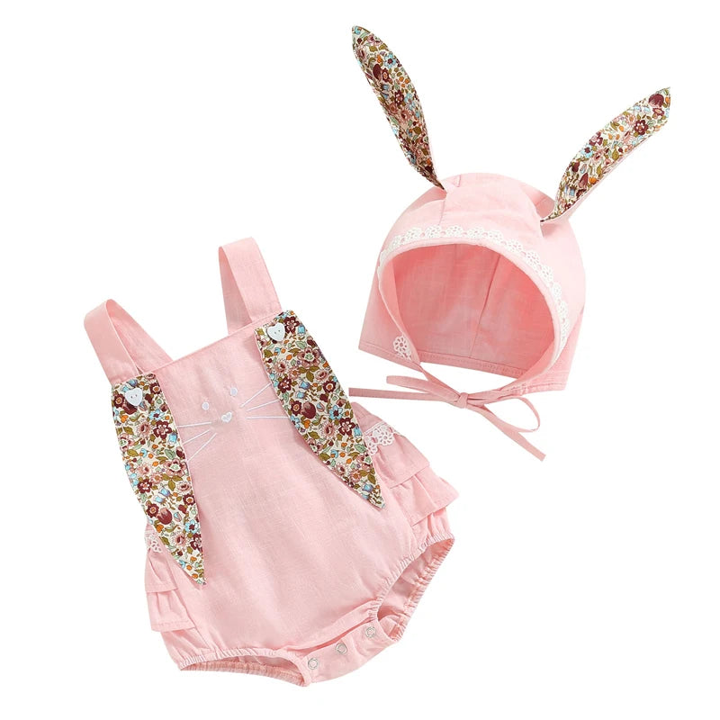 Baby Bunny Romper Rabbit Ears Overalls Bodysuit Playsuits Easter Day Outfit Costume with Hat
