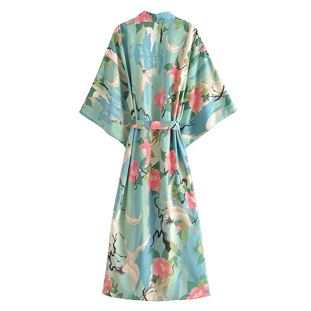 Vintage Boho Lux Crane Kimono Cover Up
