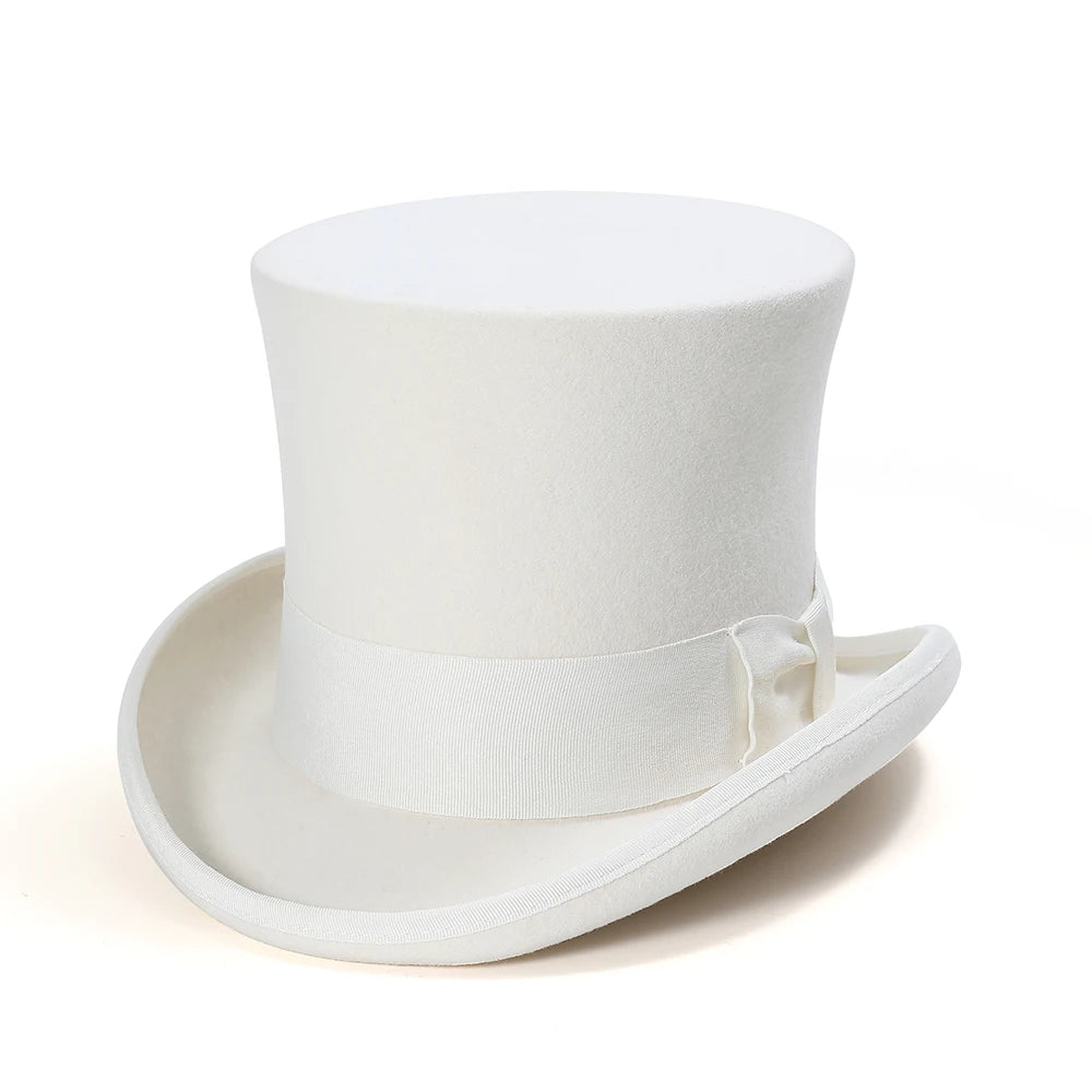 18cm Tall White Wool Felt Top Hat Satin Lined