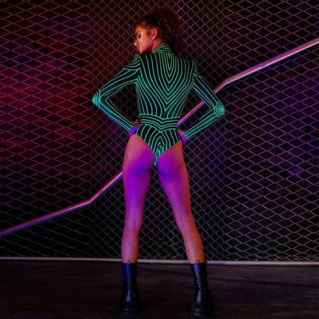 Neon Techy Bodysuit Night Club Festival High Neck Printed Long Sleeve