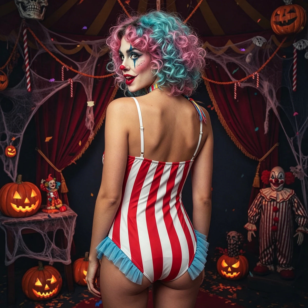 Vintage Circus Carnival Bodysuit Clown Stripes Playsuit Halloween Cosplay Costume