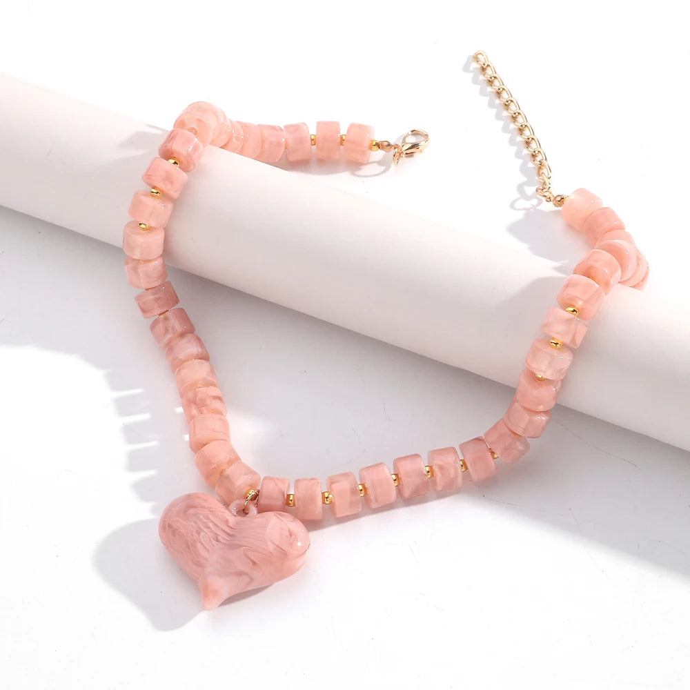 Chunky Acrylic Heart Pendant Beaded Choker Necklaces