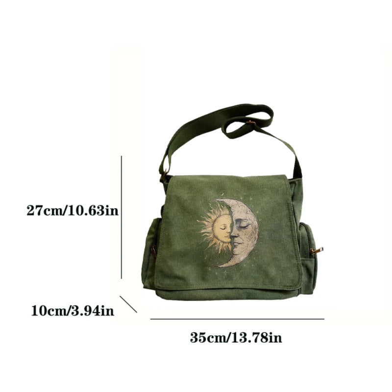 Sun Moon Print Canvas Shoulder Bag Crossbody Messenger Bag