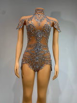 Sparkly Rhinestones Bodysuit Transparent Mesh Performance Dance Costume Stage Wear