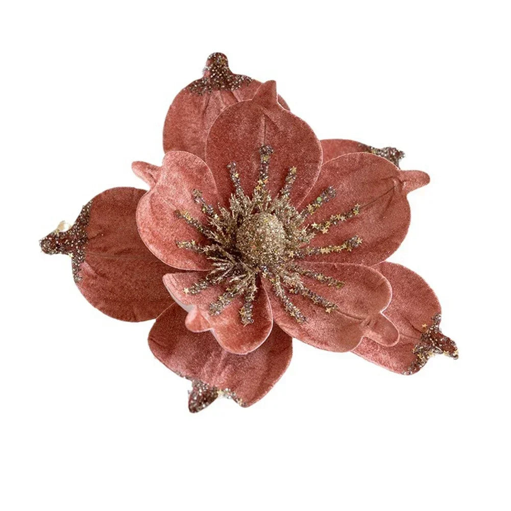 24cm Large Glitter Christmas Flowers Artificial Magnolia Flower Ornament Floral Xmas Tree Decorations