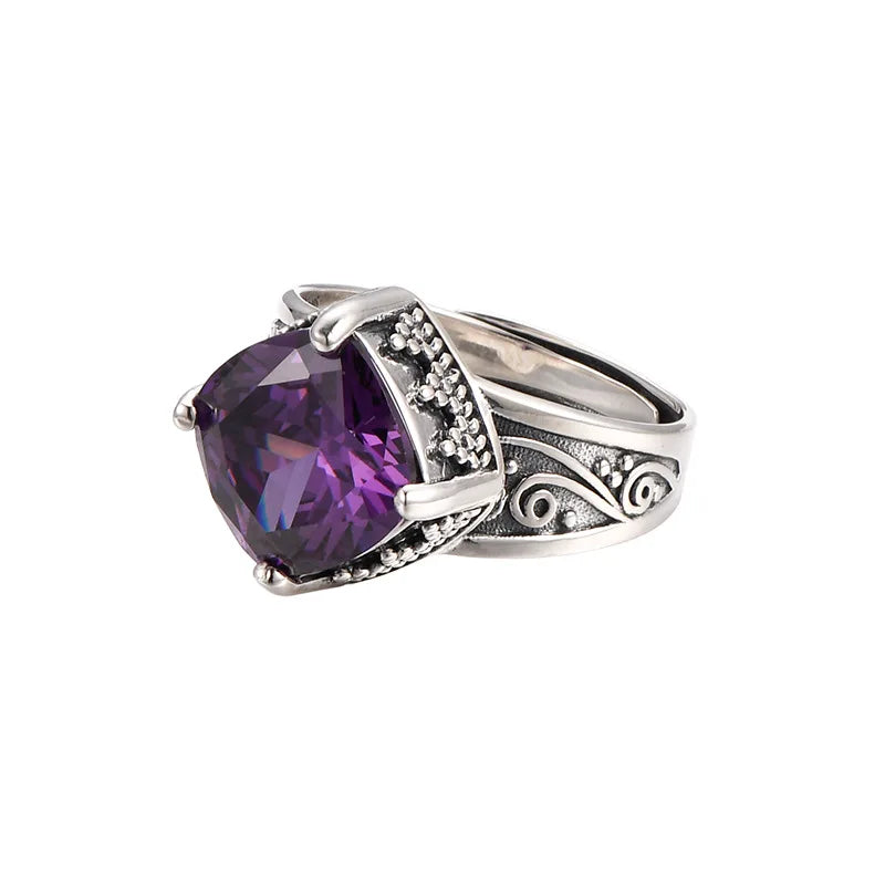 Token of the Wyverns S925 Sterling Silver Ring Ancient Pattern Rhombus Purple Zircon