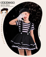 French Mime Pantomime Actor Clown Halloween Girls Stage Performance Costume Outfits Top+Strappy skirt+Hat+Gloves