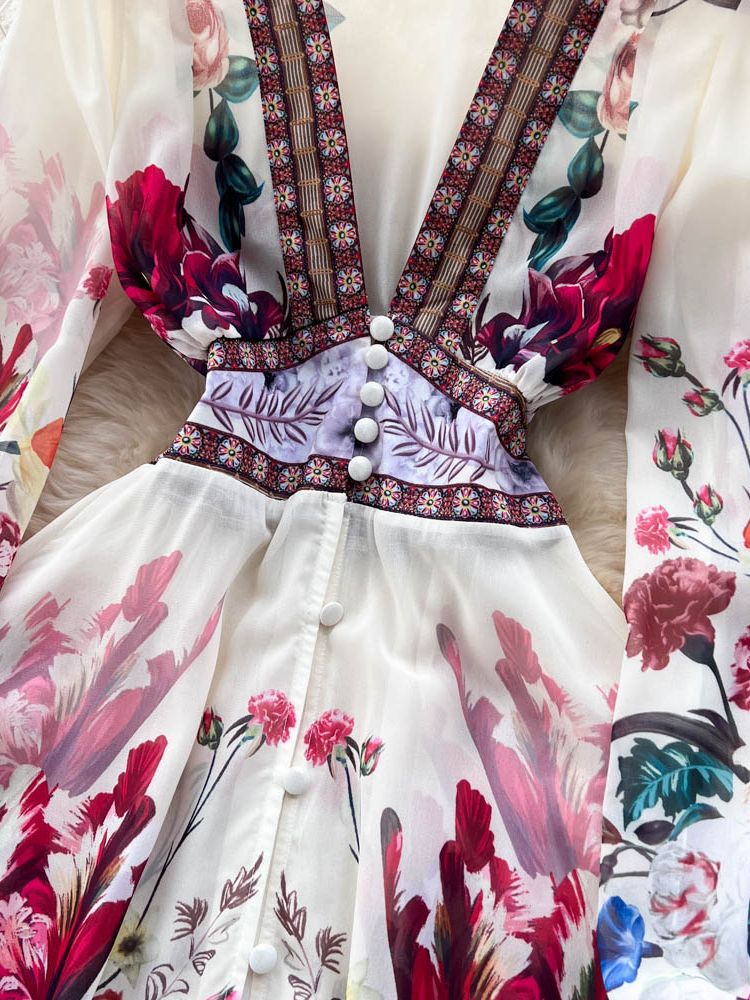 Mandy's Spring Boho Floral Chiffon Cascading Ruffles Dress