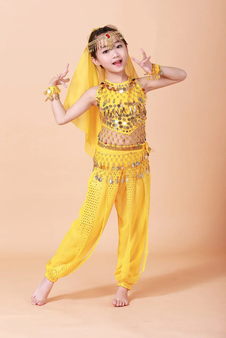 Girl's Stage Performance Chiffon Belly Dance Costume 7pcs Sets Kids Dancing Outfits