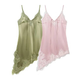 Y2k Asymmetrical Spliced Lace Satin Slip Long Camisole Top Layering Dress Side Slit Hem