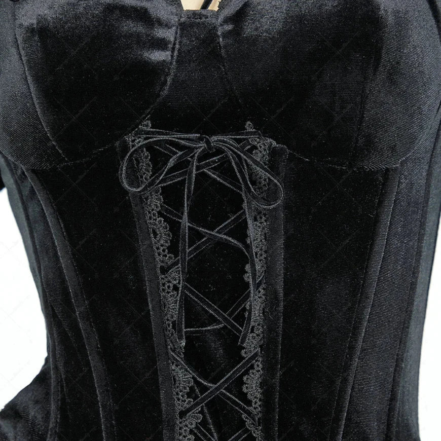 Gothic Black Devil Costume Set Lace Top Adjustable Corset with Irregular Skirt and Bat Wings for Halloween