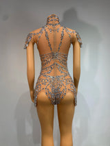 Sparkly Rhinestones Bodysuit Transparent Mesh Performance Dance Costume Stage Wear