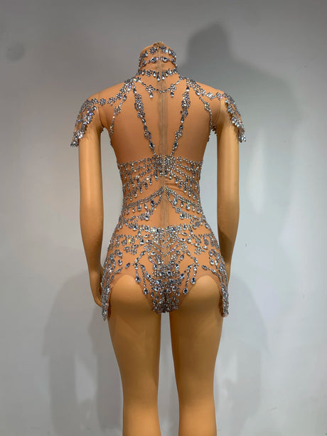 Sparkly Rhinestones Bodysuit Transparent Mesh Performance Dance Costume Stage Wear