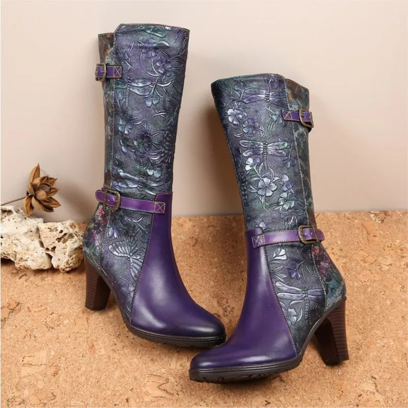 Purple Embossed Dragonfly Genuine Leather Long Boots