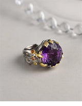 The Weaver's Treasures S925 Sterling Silver Rings Golden Leaves Natural Amethyst Tourmaline