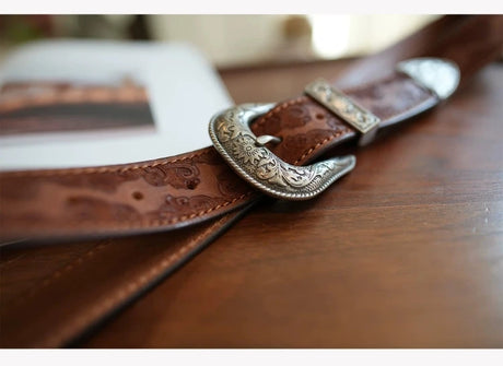 Bobby Ray's Genuine Leather Western Cowboy Court Style Embossed Steel Buckle Belt