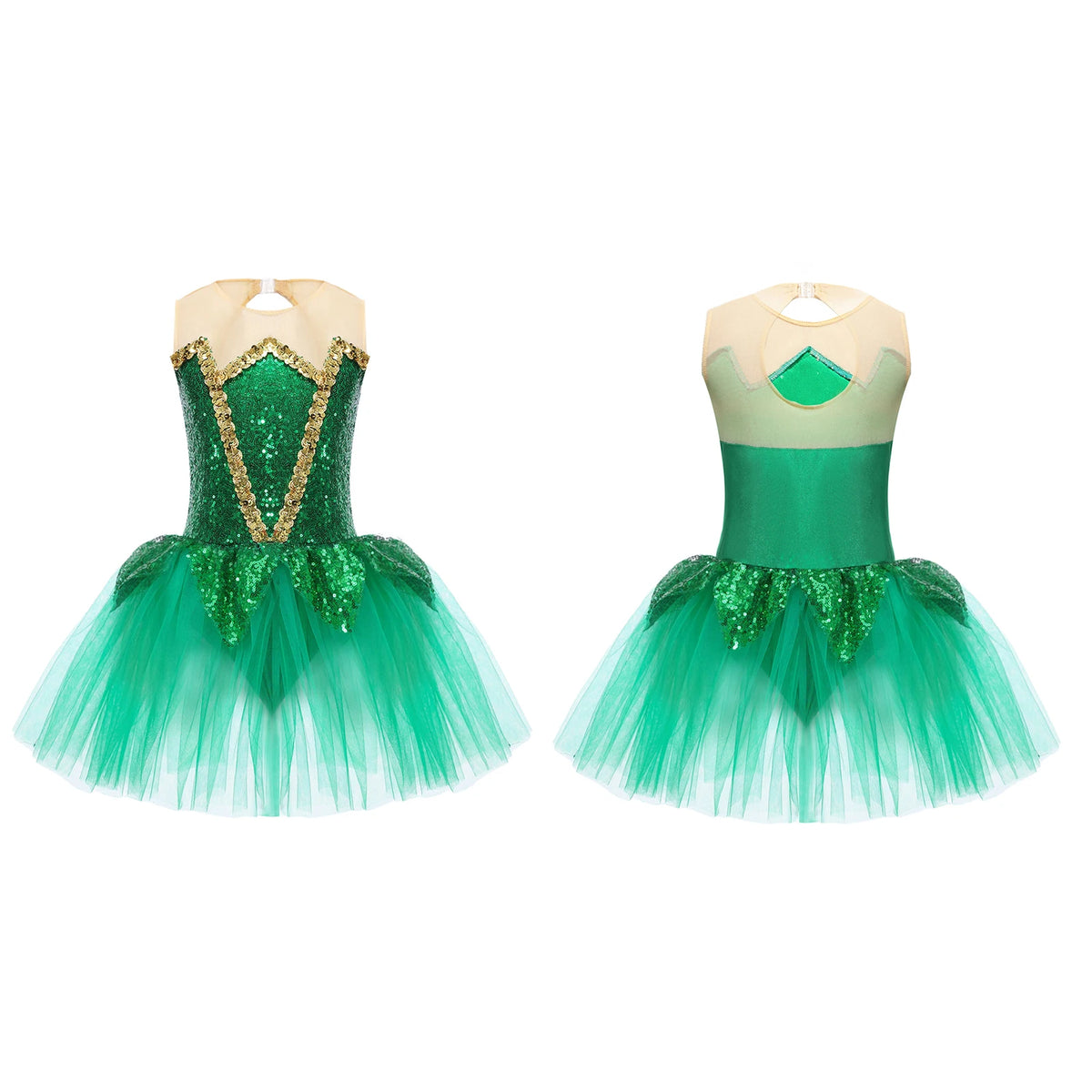 Royal Elf Green Sequins Girls Ballet Dance Dress Tutu Gymnastics Leotard Figure Skating Dance Performance Costume