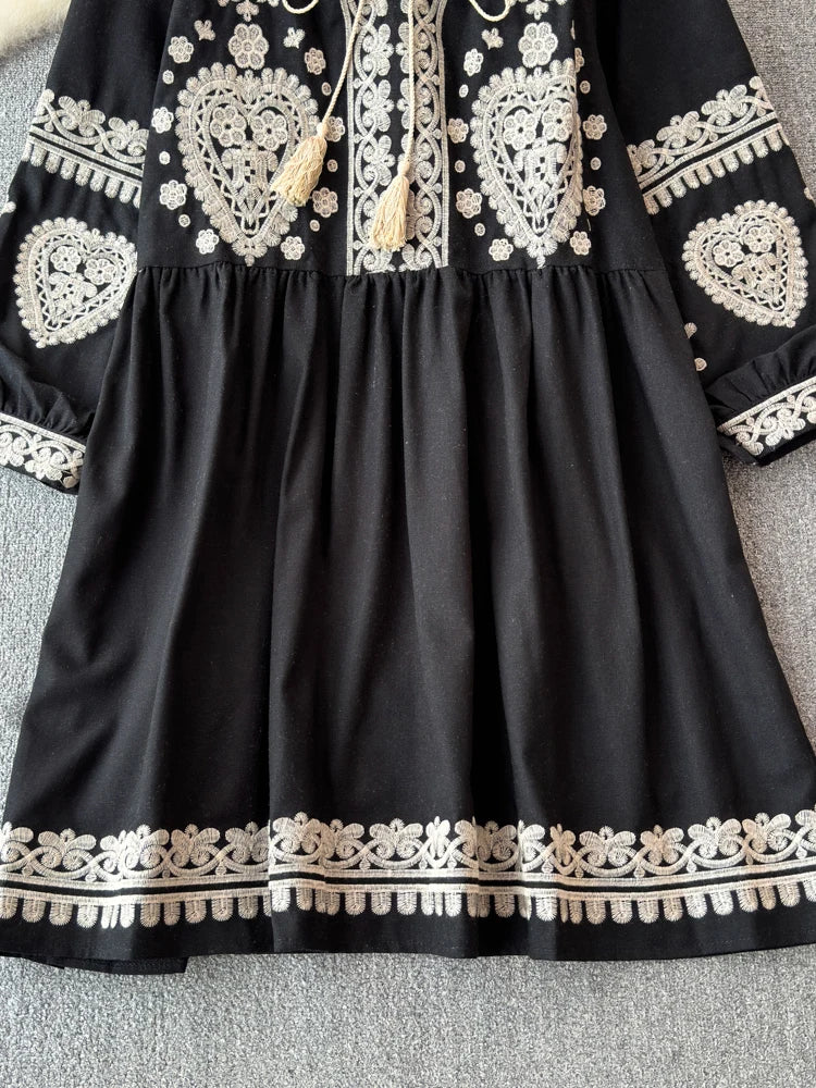 Georgia's Embroidered Boho Cotton Linen Long Sleeves Mini Dress