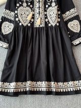 Georgia's Embroidered Boho Cotton Linen Long Sleeves Mini Dress