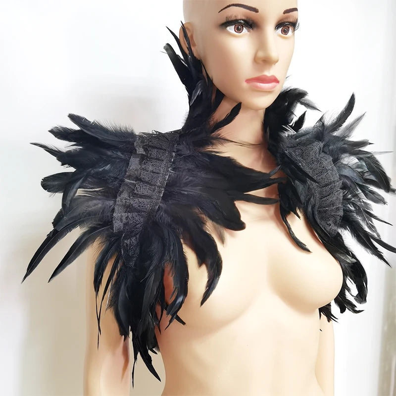 Black Rooster Feather Shrug Gothic Collar with Ribbon Ties