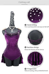 Purple Velvet  Latin Dance Competition Bustle Dress Line Skirts Stage Costume